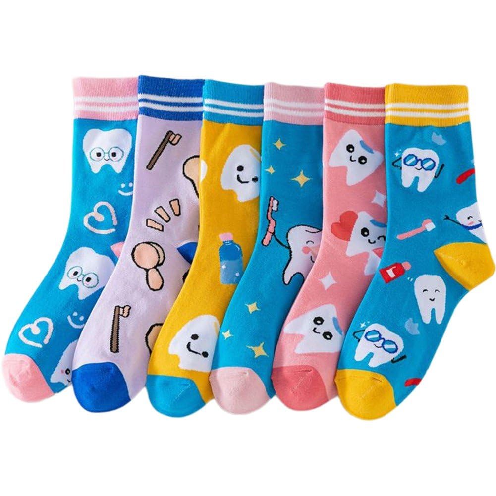 Uzztfa Women's Multicolor 6 Pairs Dental Teeth Socks Dentist Socks Cute Funny Dental Gifts Teeth Pattern Crew Socks Novelty Dentist Gifts For Nurse