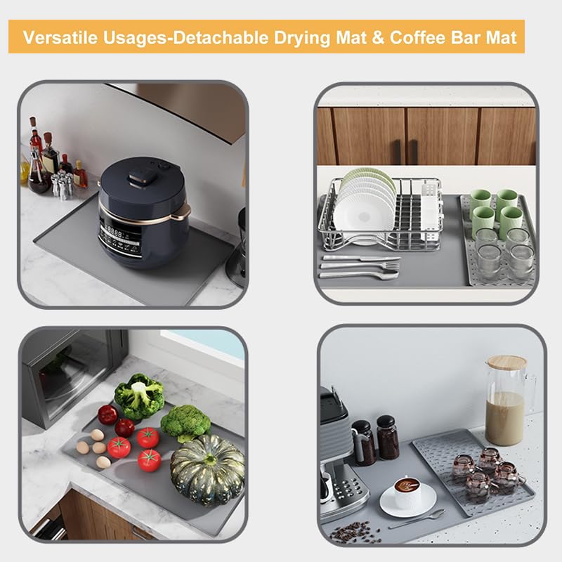 Tapete de café de silicona, tapete de barra de café de 16 x 24 pulgadas con tapete de secado de platos desmontable, 2 accesorios de barra de cocina que se ajustan debajo de la máquina de café espresso