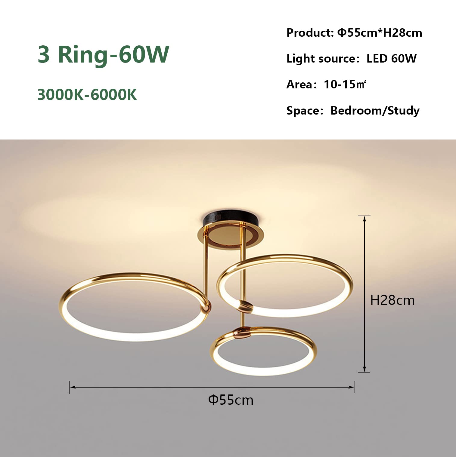 Lampa sufitowa LED Złoty pierścień Nowoczesny ściemnialny z pilotem Metalowy akrylowy okrągły żyrandol Salon Kuchnia Sypialnia Biuro Jadalnia Lampa Dekoracja Oświetlenie (3 pierścienie,Ø55cm,60W)
