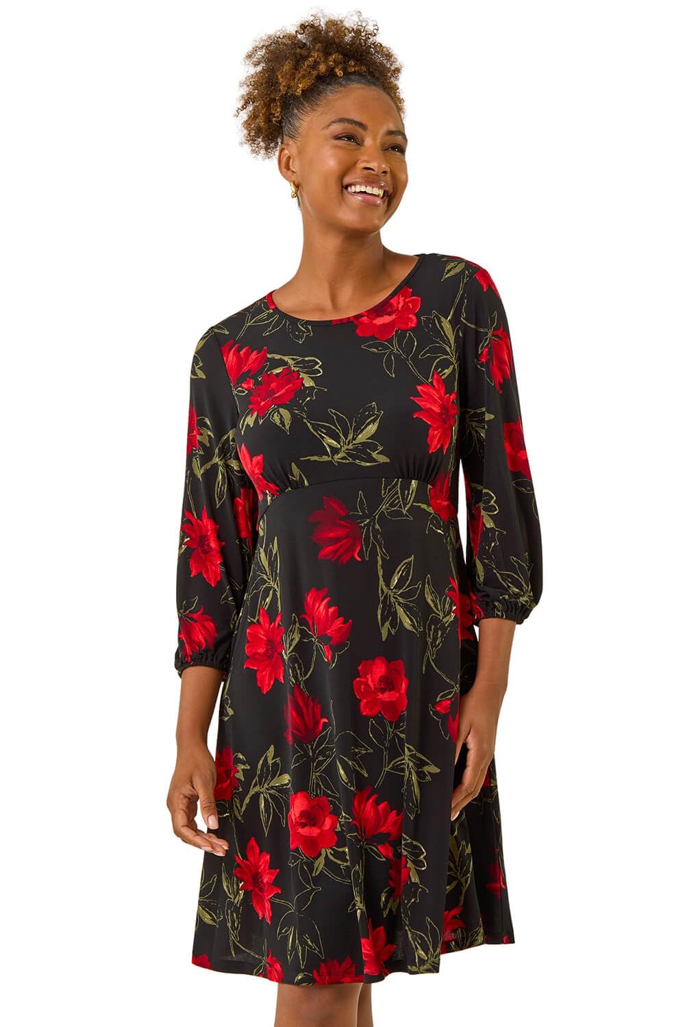 Roman Women Gathered Chest Dress Ladies Stretchy Fit & Flare Swing Tea A Line Skater Knee Length Long Sleeve Midi Smart Casual Work Going Out Cocktail Party - Red Floral - Size 18
