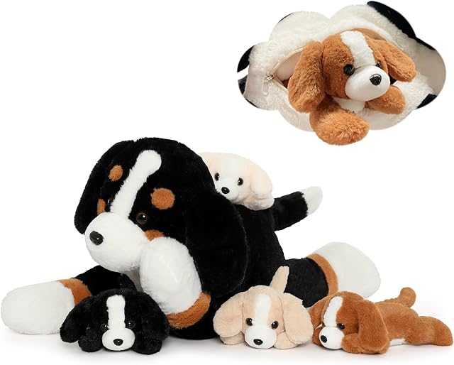 MorisMos Dog Teddy Stuffed Animal, 60cm Cuddly Mommy Dog Teddy with 4 Babies Puppy Inside Kawaii Giant Dog Plush Soft Toy Gifts for Kids Birthday Baby Shower Decoration