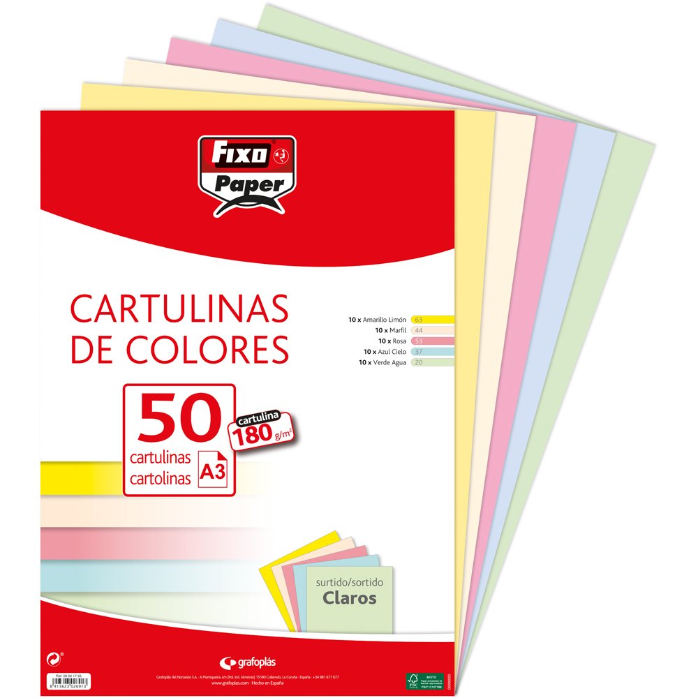 Fixo Paper 00001793 – Pack of 50 Coloured Cards A3 Assorted Colours 180 g