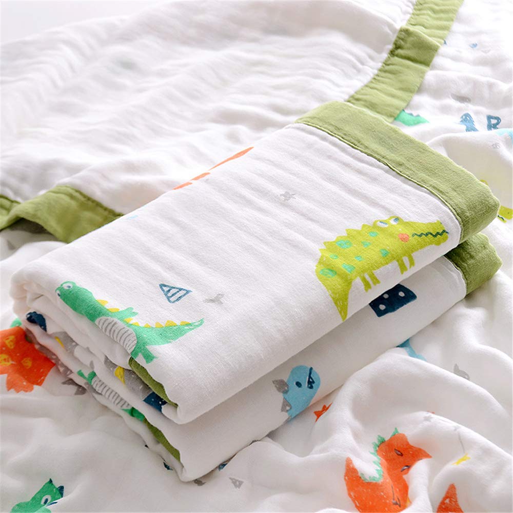 Chickwin Muslins Swaddle Cartoon Printed Blanket for Newborn/Baby, Soft 6 Layers of Cotton Muslins Cloths Bath Towel Toddler Baby Shower Pram Cot Bed Sleeping Throw (110x110cm,Dinosaur)