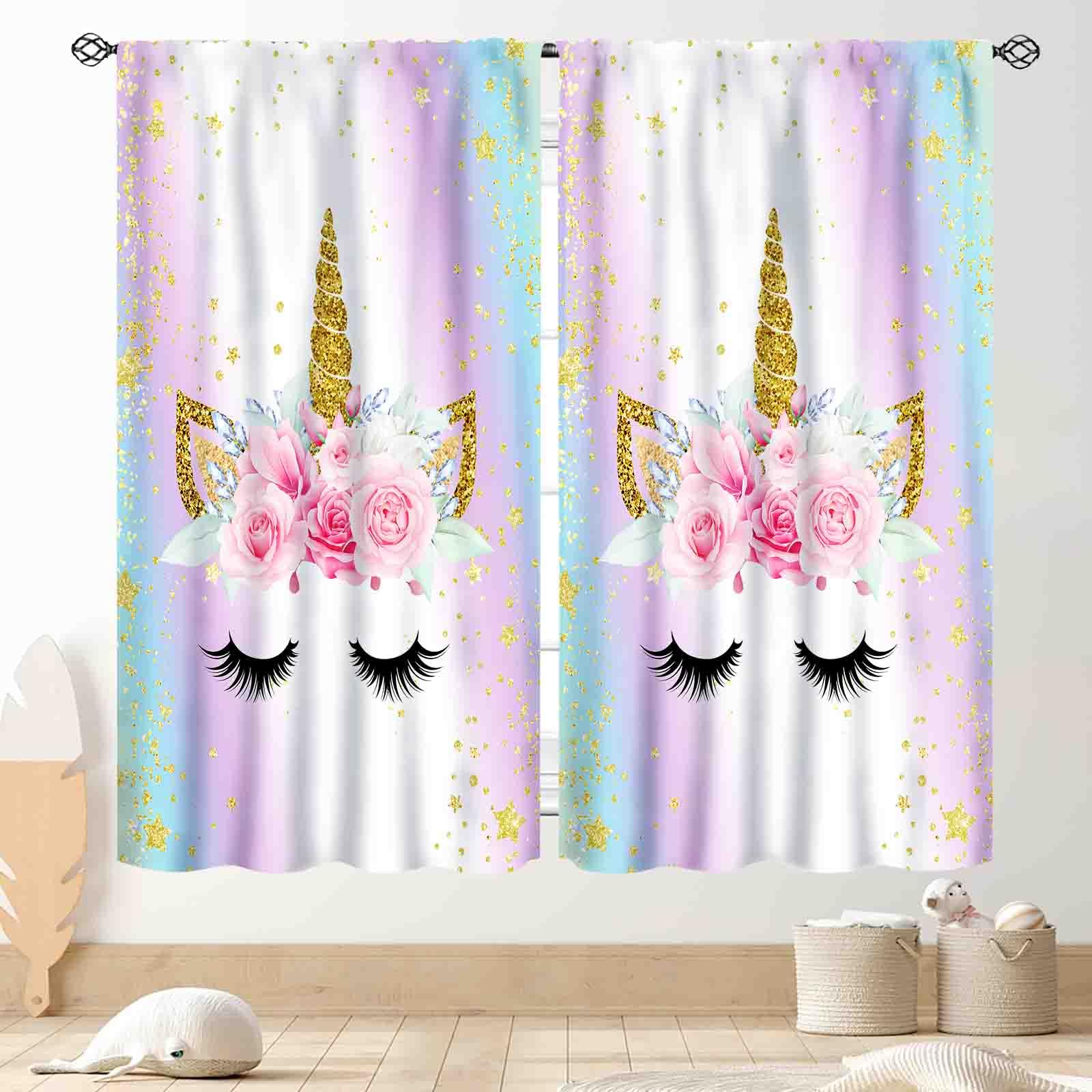 TKUYO Unicorn Curtains for Girls Bedroom, Ombre Rainbow Pink Gold Princess Unicorn Colorful Blackout Drpaes for Girls Kids Baby Room Living Room