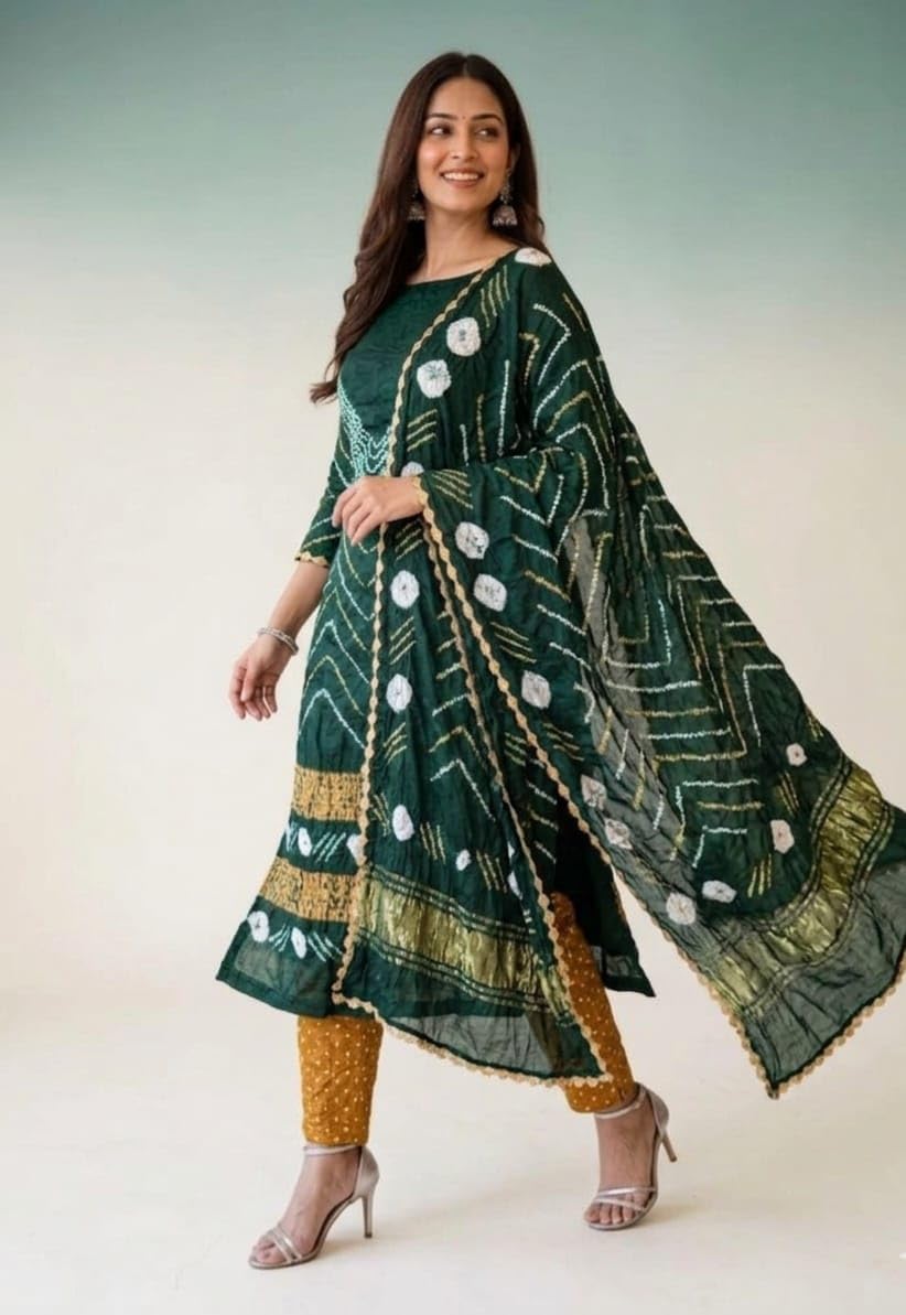 Eddika women's unstitched pure modal silk Shibori with Green and mustard Bandhej 3-piece full suit material set 3
