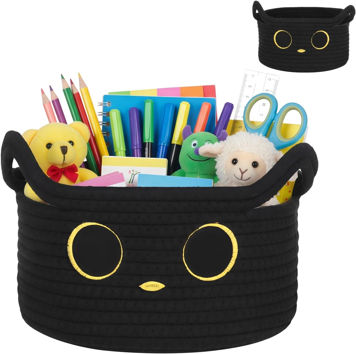 Compact Desktop Organizer, Black Cat Storage Basket with Cotton Rope, Adorable Cat Ears & Embroidered Face, 8.7 X 4.7 in Woven Bin for Nursery