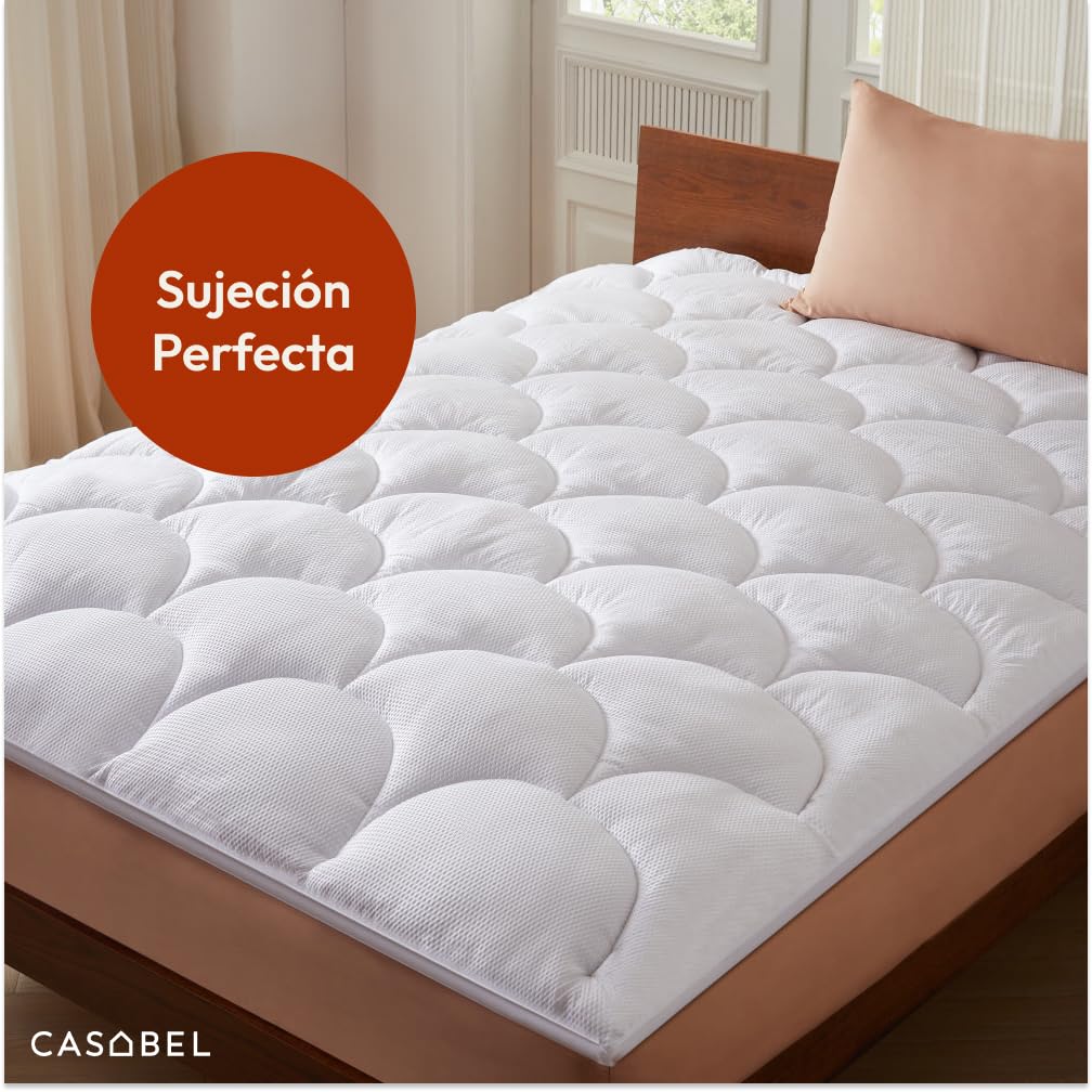 CASABEL Cubrecolchón 160 x 200 cm de Microfibra Refrescante, Relleno de Fibra Hueca 600 gsm, 4 cm de Grosor, Sujeción Elástica, Topper para Cama Doble 160x200