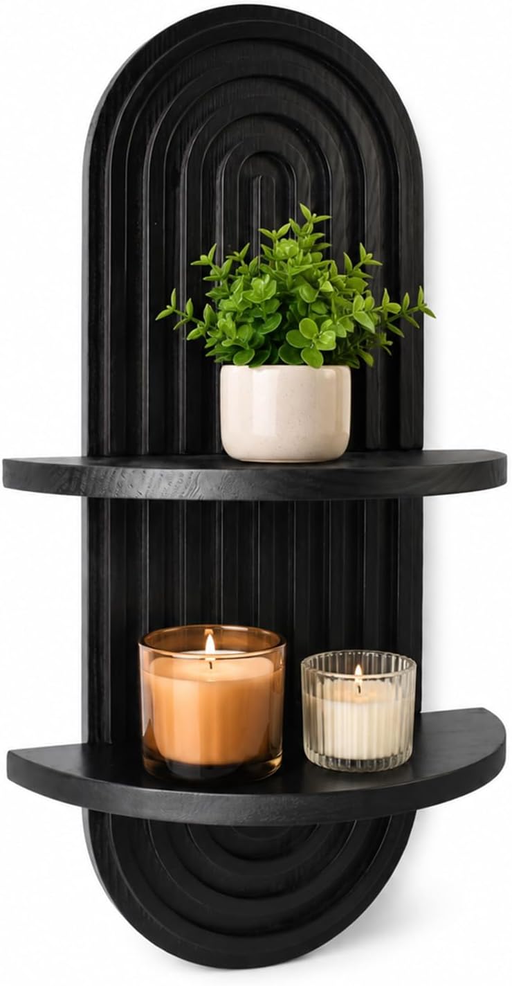 2-Tier Boho Wall Plant Shelf, Decorative Wooden Floating Shelves for Wall Decor, Retro Century Wooden Wall Decor Shelf for Bedroom Living Room, Holds 11lb