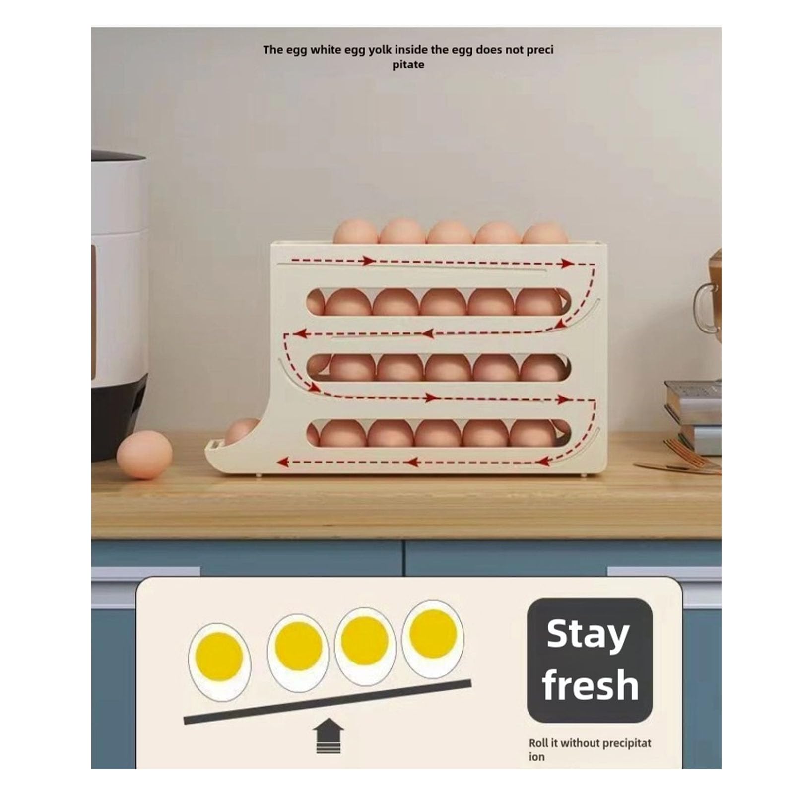 Soporte para 30 huevos que ahorra espacio para nevera, organizador de huevos rodante automático con 4 niveles, estante dispensador de huevos de gran capacidad para refrigerador, almacenamiento de