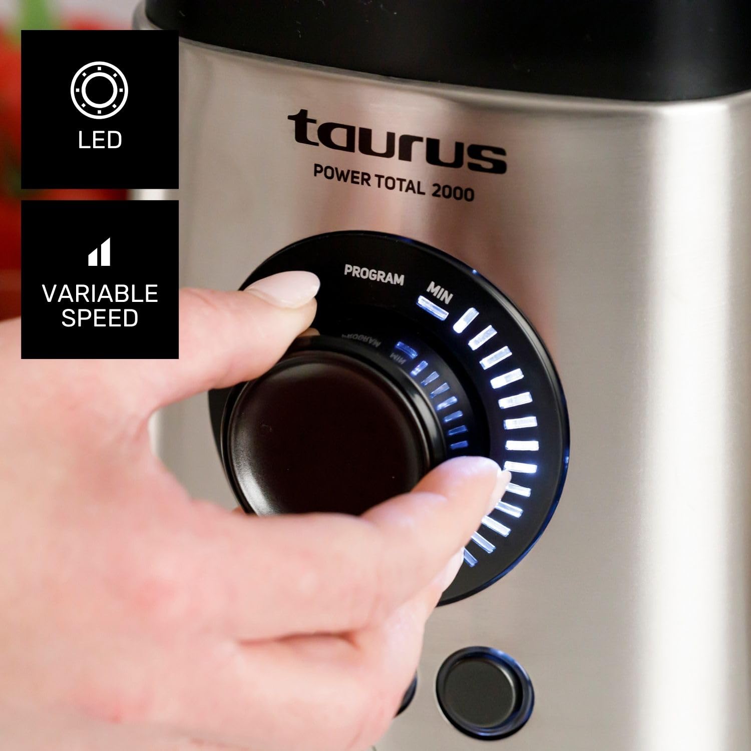 Taurus - Power Total Batidora de Vaso | 2000W Potencia | Jarra de Cristal 2,2L | Cuchillas de 6 Filos | Programas Turbo | Smoothies | Pica Hielo