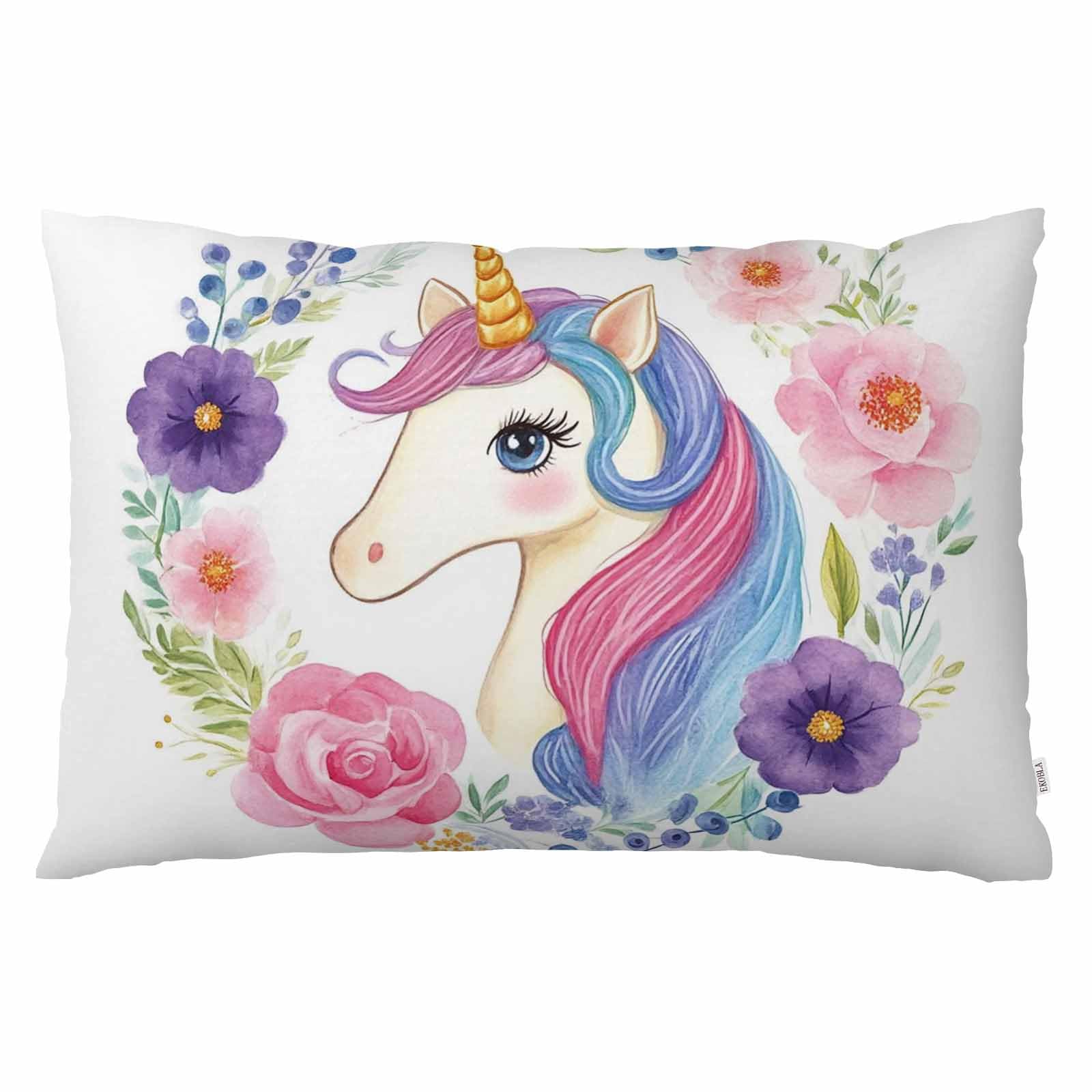 Throw Pillow Cover Animal Cute Unicorn Pink Purple Blue Wavy Hair in Garland Spring Flowers Leaf Decor Lumbar Pillow Case Cushion for Sofa Couch Bed Standard Queen Size 20x30 Inch