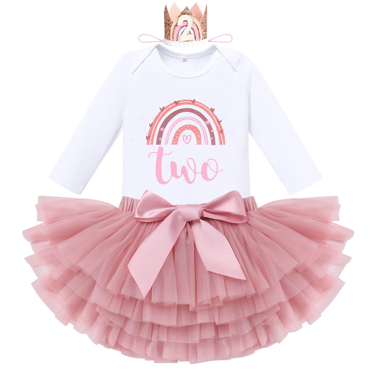 IBTOM CASTLE Bebé Niña 1er/2º Cumpleaños Arco Iris Tutú Trajes de 3 Piezas Mameluco + Falda + Diadema Vestido de Fiesta para Bebé Niña con Corona