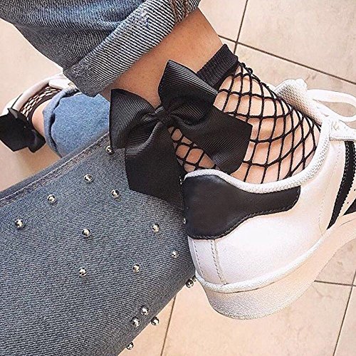 Womens Ankle Fishnet Socks,Sexy Big Bow Socks Cute Fishnet Elastic Ankle High Socks Mesh Lace Hollow Out Net Short Socks Slim Wear Comfy Daily Wear 1 Pair (Black, One Size)