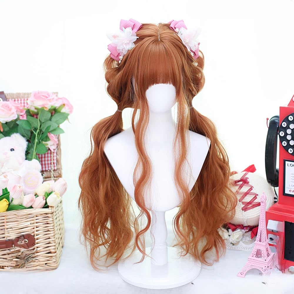 Dark Orange Wig Long Curly Hair Low Ponytail Tie Hair Air Bangs Small Curly Hair Faux Wig 75cm 29inch (Dark Orange)