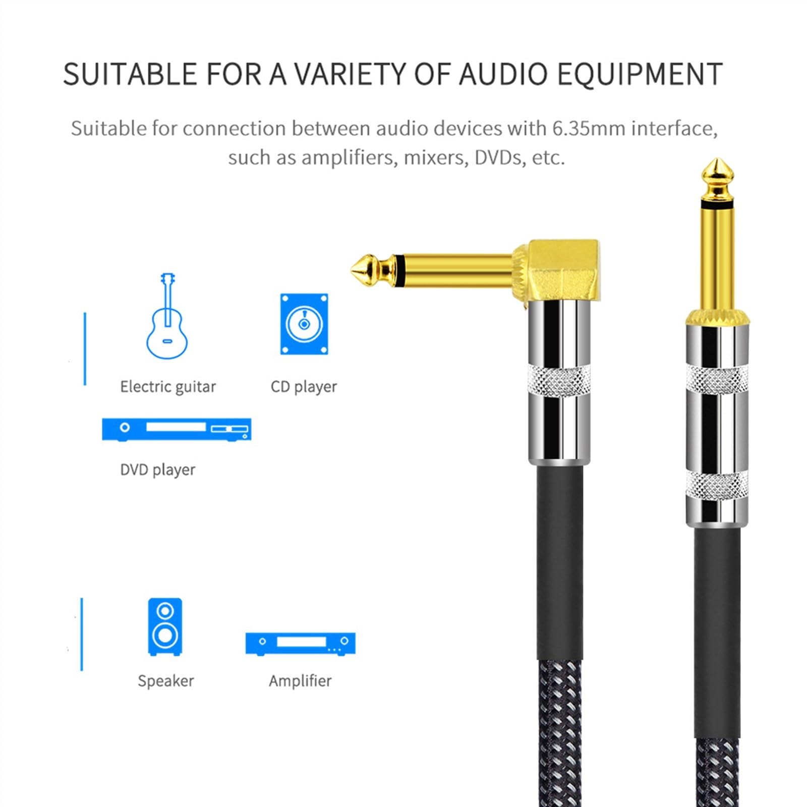 kabel audio do gitary 3 Metry Instrument Audio Kabel Gitarowy Przewód 1/4 Cala Prosto Do Kąta Prostego Pozłacane Wtyczki TS Pleciony PVC (Color : 02)