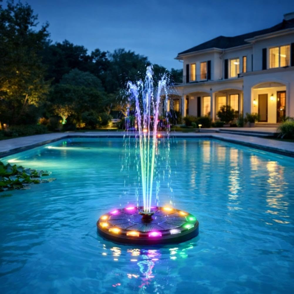 Solar Pool Fountain with LED Lights, Floating Solar Fountain Pump for Pool,Solars Water Fountains Pump for Pond, Pools, Patio and Garden,Enjoy Uninterrupted Pools Fun