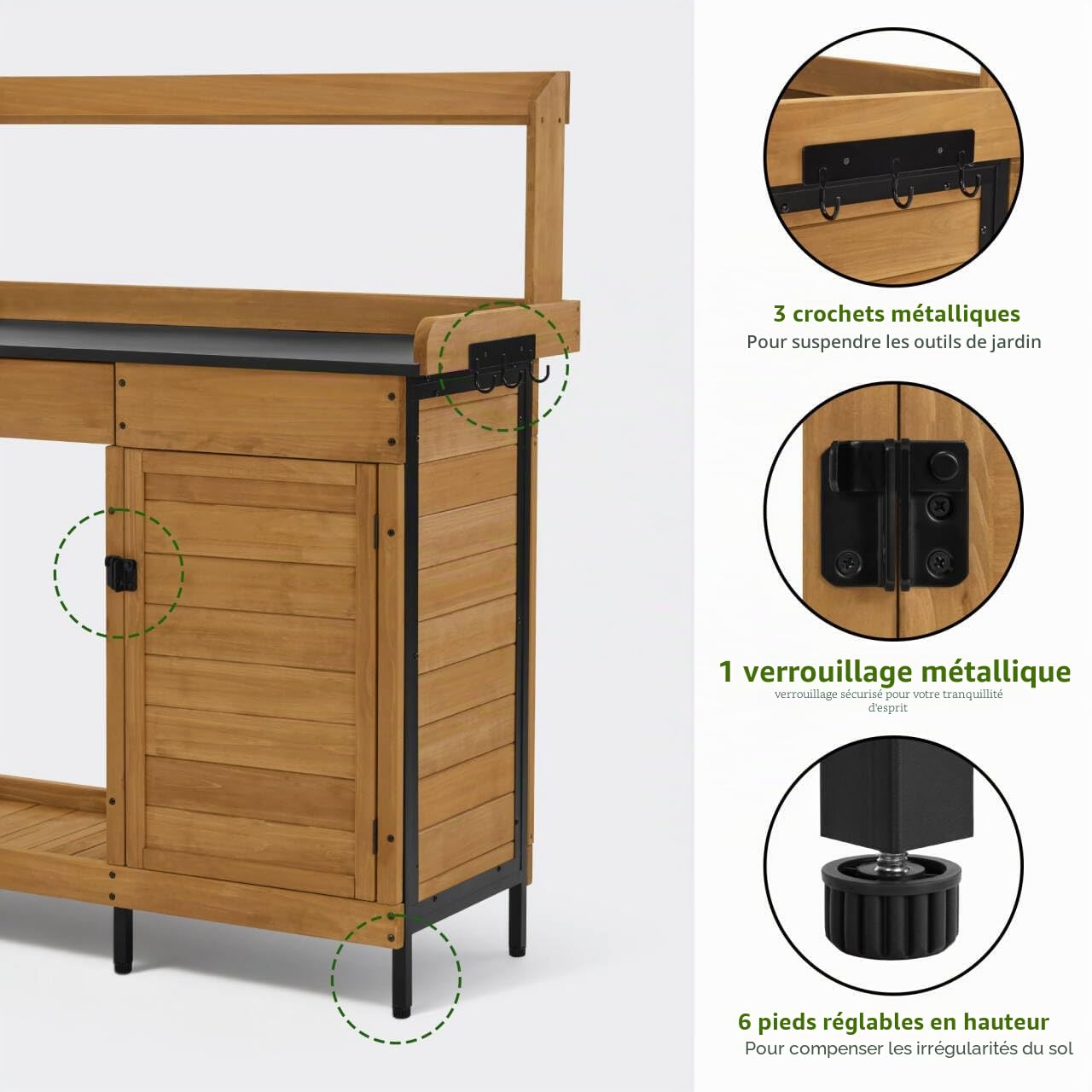 M MCombo Table de Jardin avec Plateau de Travail galvanisé et Rangement Bas. Table de rempotage en Sapin résistant aux intempéries, 3 Crochets. pour Jardin, Balcon et terrasse, Naturelle, 2049