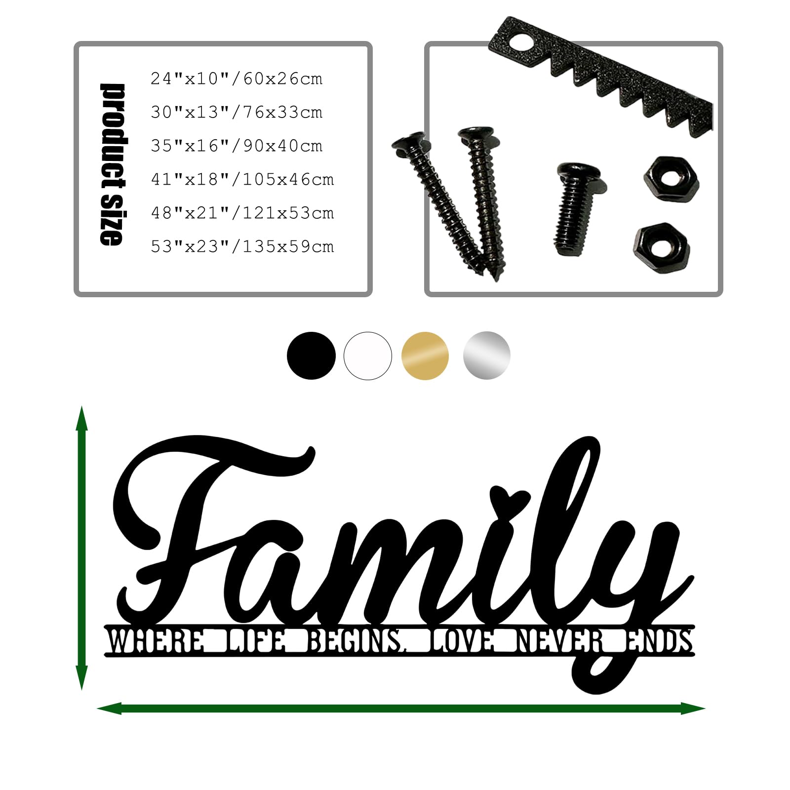 Großes Wandbild „Familie“ aus schwarzem Metall, hängender Metallbuchstabe im Landhausstil, Moderne Skulptur mit Familienmotiv für Wohnzimmer, Schlafzimmer, Flur und Treppenhaus (Weiß)