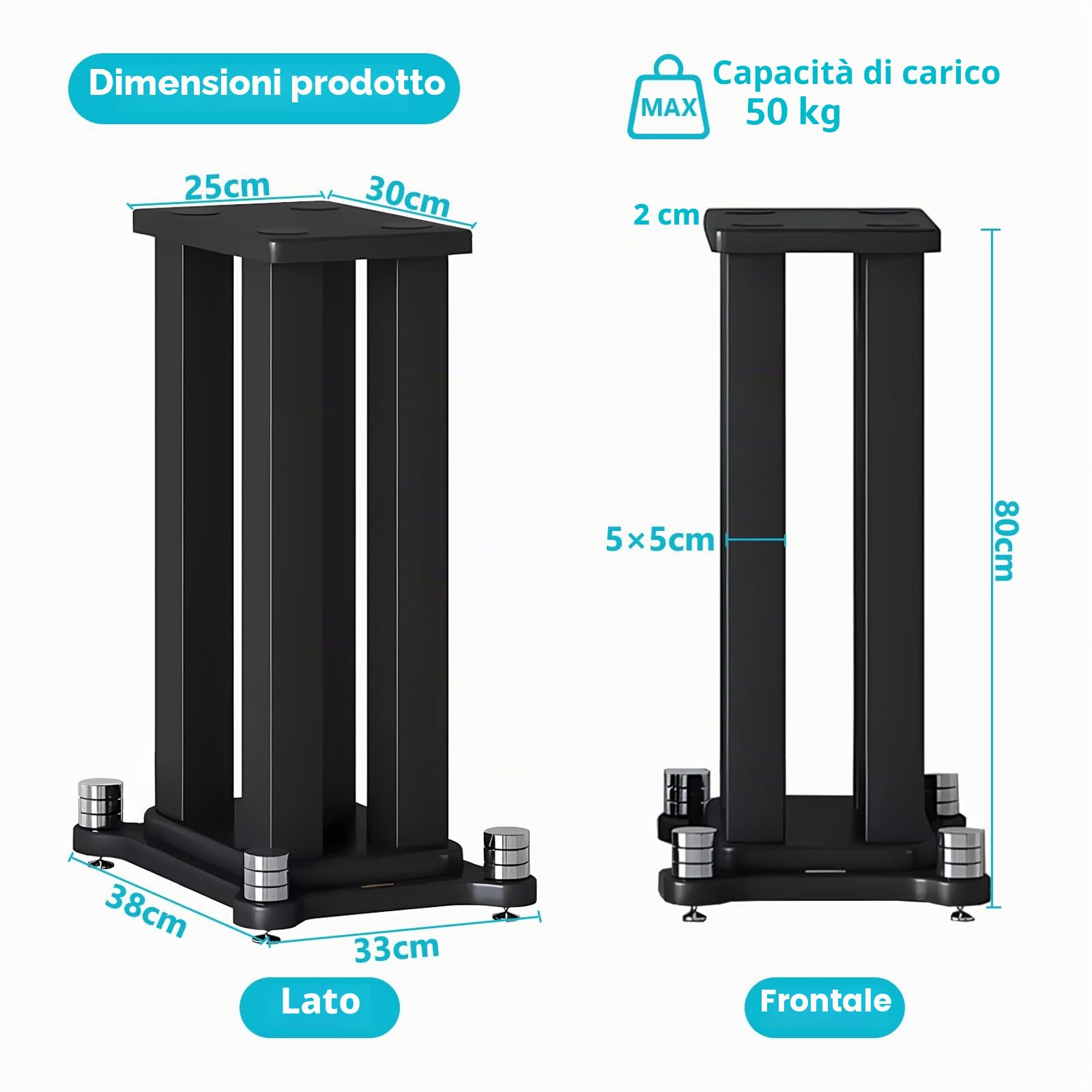 2pcs supporto casse acustiche fino a 50kg, Antiscivolo e anti-vibrazione supporto casse audio, Design MDF che assorbe le vibrazioni, supporti casse acustiche per lo studio home theater (80cm)