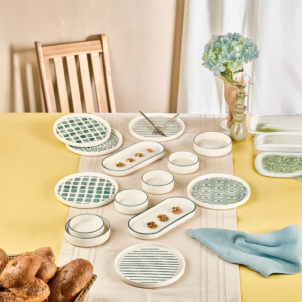 14-częściowy zestaw śniadaniowy dla 6 osób – seria Karo Stackable z ceramiki Kütahya – ręcznie robione, ceramiczne naczynia o wysokim połysku i nadające się do układania w stos (zielone)
