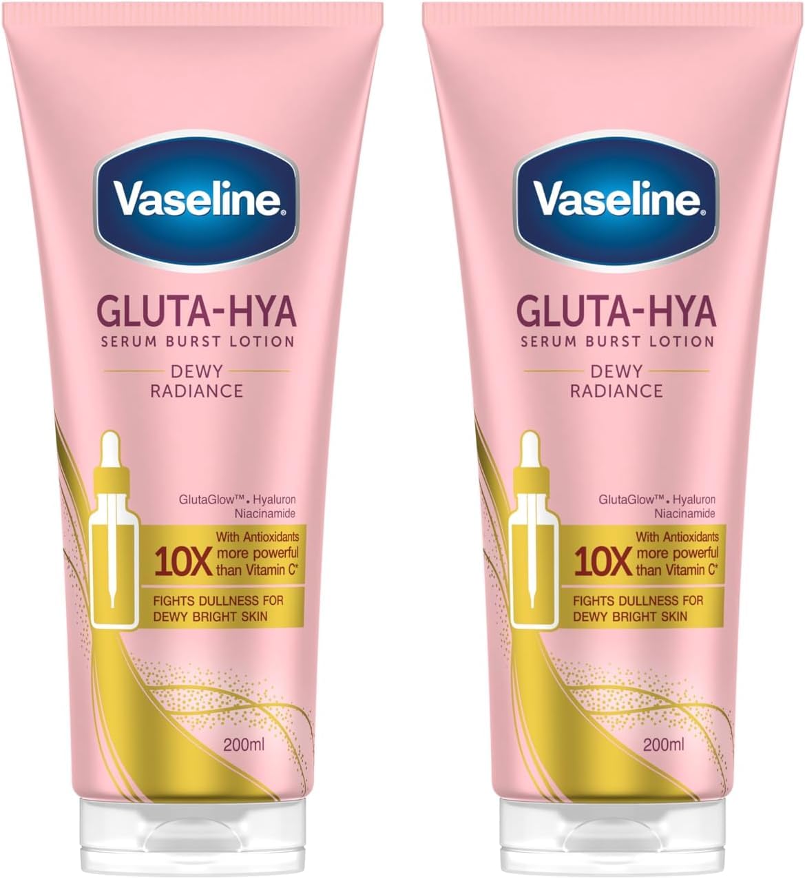 Vaseline Gluta-Hya Dewy Radiance, Feuchtigkeitsspendende Lotion, Reich an Antioxidantien, Leichte Textur, Schnelles Einziehen, Weiche und Strahlende Haut, GlutaGlow und Hyaluronsäure, 2x 200 ml