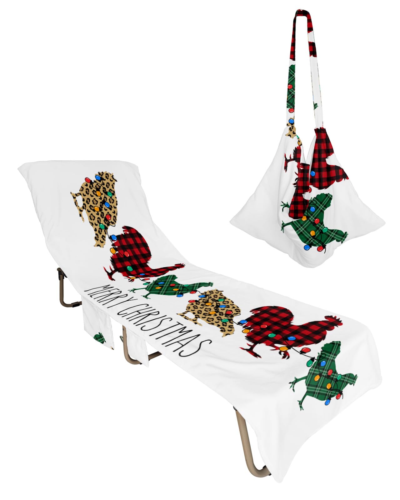 Merry Christmas Farm Beach Chair Towel Covers for Chaise Lounge with Side Pocket, Soft Plush Pool Towels Cover for Patio Sunbathing Outdoor 29''x85'' Rooster Hen Leopard Print Plaid