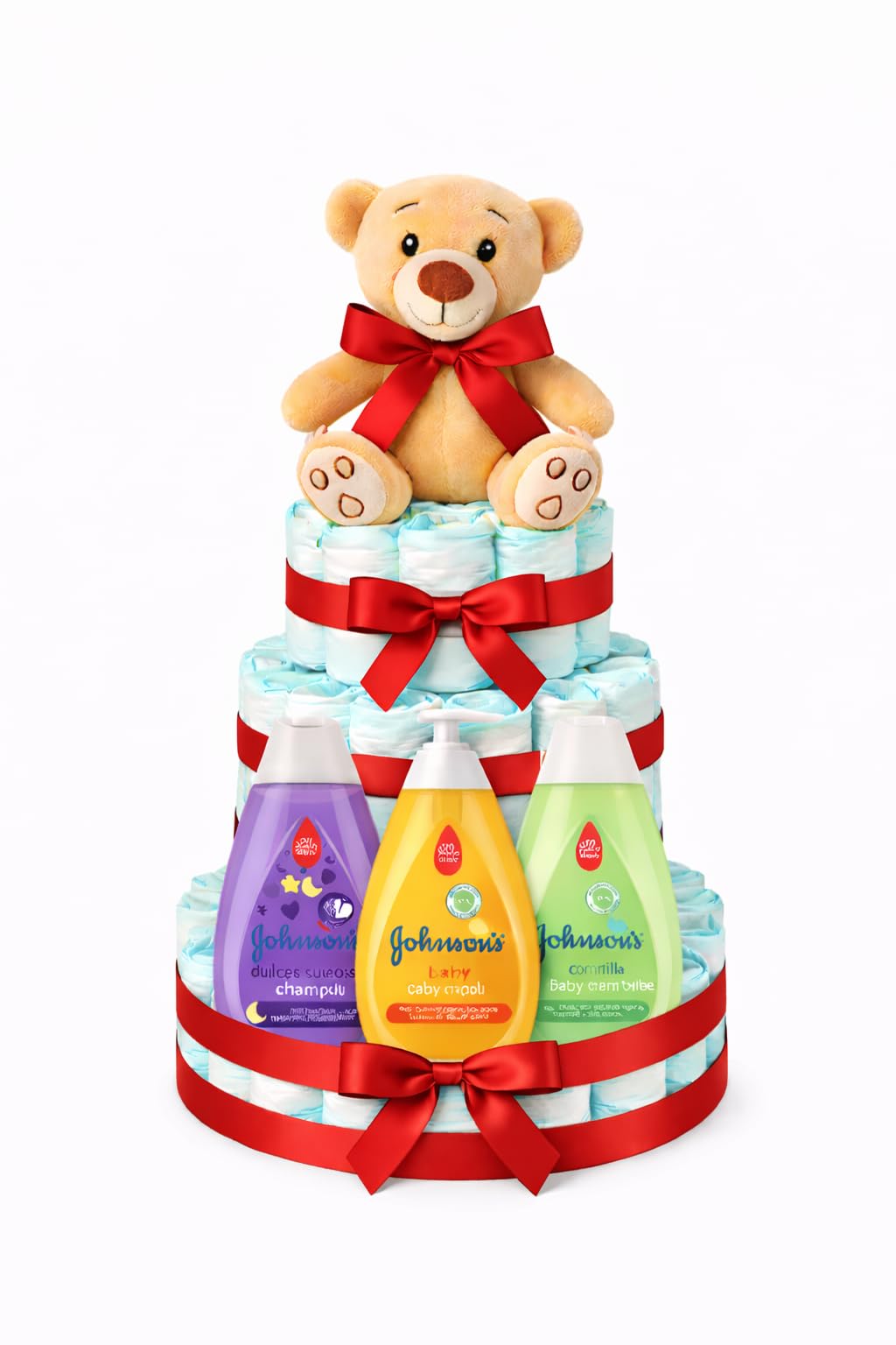 Tarta de pañales Johnson´s baby Rojo (Talla 2 (3-6 kg)) by MomentosGourmet Añade tu dedicatoria personalizada. Regalo para bebé muy práctico. Cesta Canastilla recién nacido. Diaper Cake