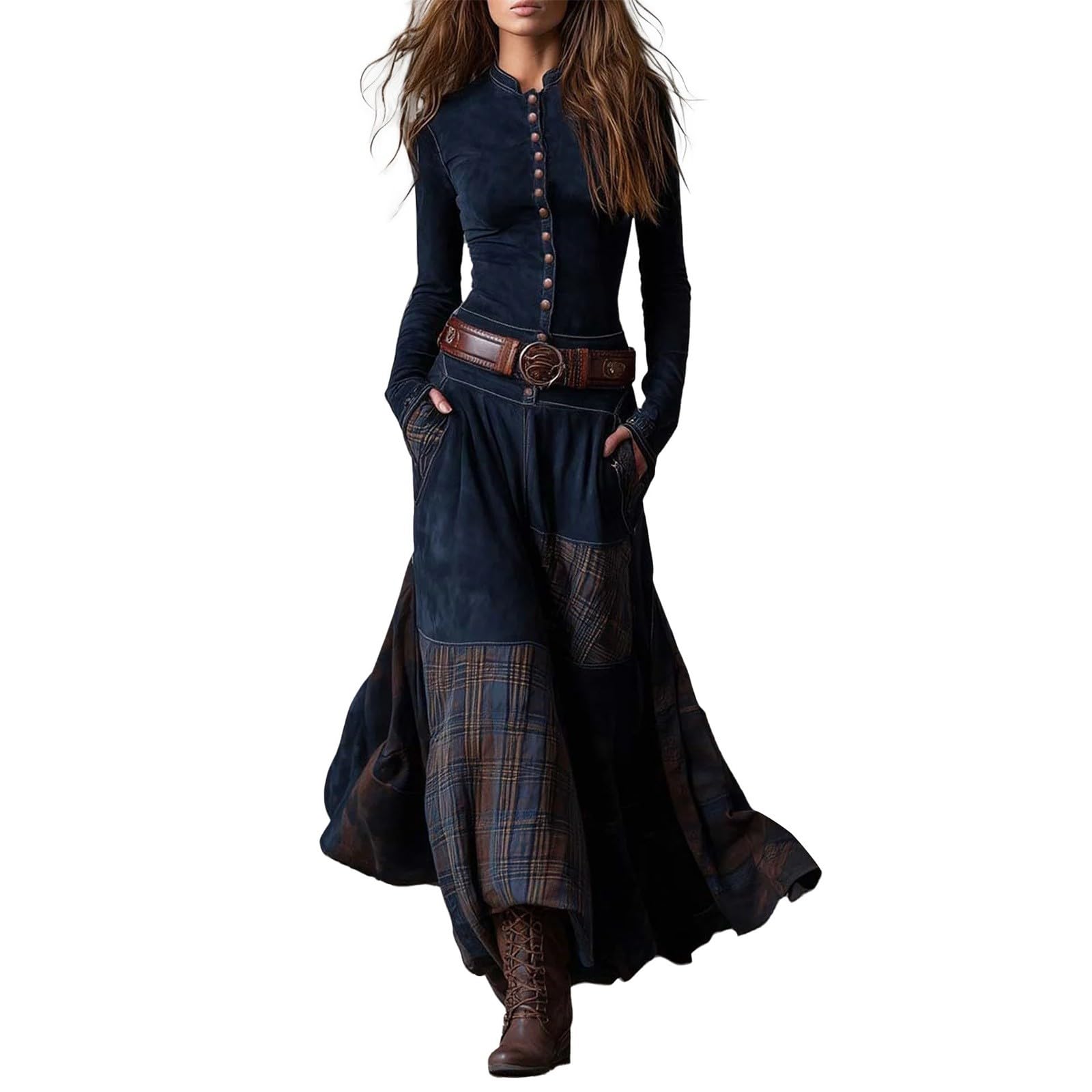 Dark Blue Women's Vintage Western Cowboy Denim Dress - Floral Lace Trim Off Shoulder Flare Dress Halloween Costume 70S Inspired Prairie Outfit Country Party Dresses Ladies Cowgirl Retro Cosplay Wear