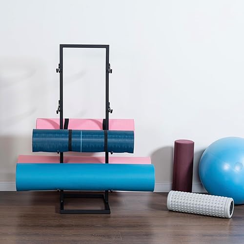Miniatura 3 de MyGift Soporte para tapete de yoga de 4 niveles, almacenamiento de rodillos de espuma, soporte independiente de doble cara de metal negro mate para