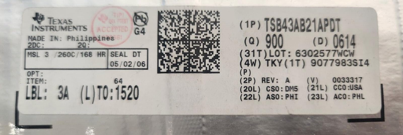 (900 PCS) TSB43AB21APDT TI IC Phy/Link Layer CTRLR 128-TQFP