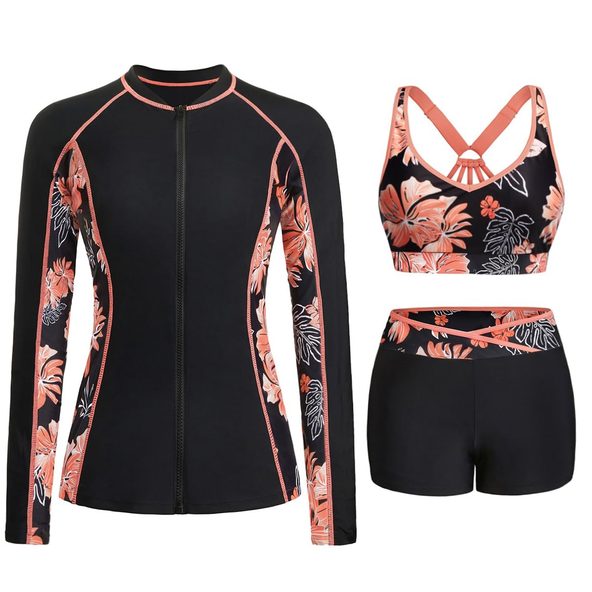 Women 3 Piece Rash Guard - Long Sleeve Zip Up Swim Shirt with Sports Bra and Shorts UPF 50+ Modest Swimuits 2026-image-36