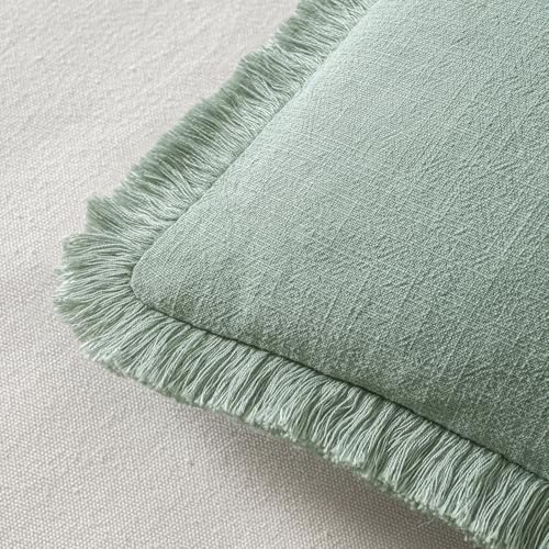 Image of MIULEE Decorative Throw Pillow Covers Neutral Linen Fringe Throw Pillows Set of 2 Aqua Green Boho Farmhouse Cushion Covers with Tassels for Couch Sofa Bed Living Room Spring Home Decor 20x20 Inch