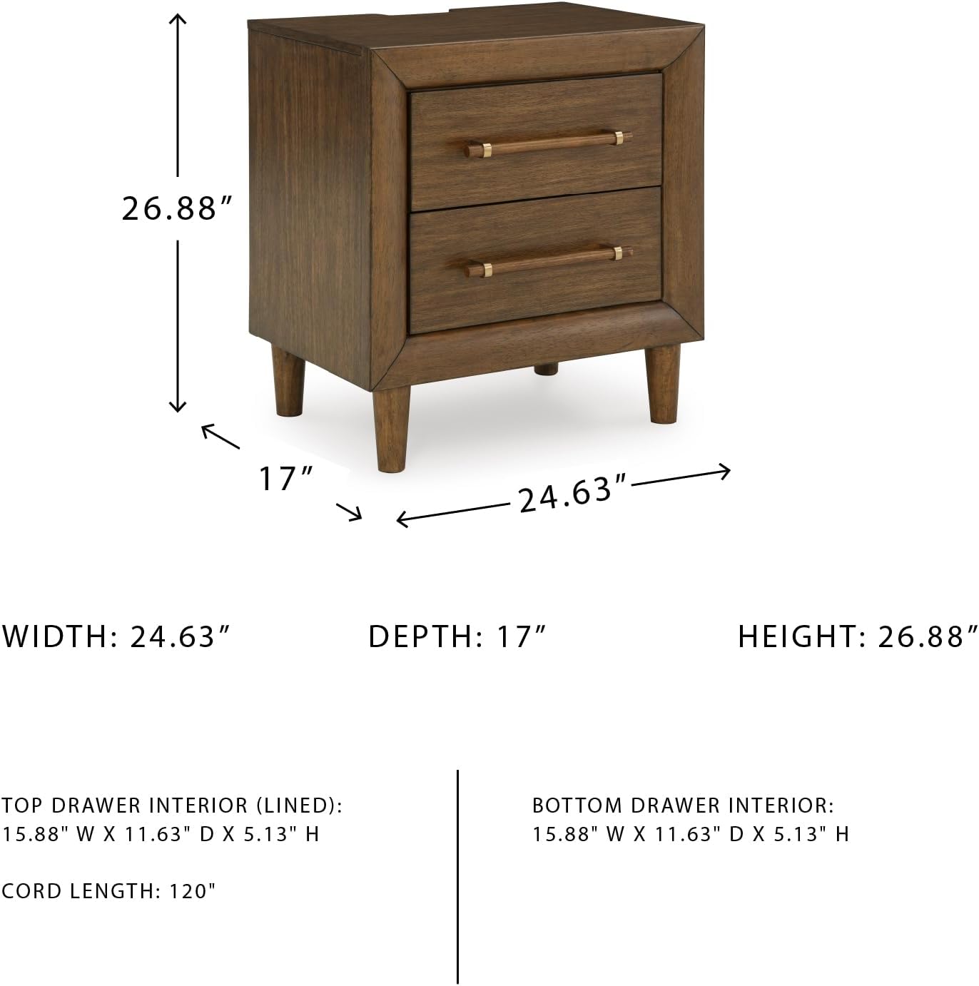 Signature Design by Ashley Lyncott 2 Drawer Nightstand, Power Supply, USB-A and USB-C Ports, Hardwood Solids, 24.63" W x 17" D x 26.88" H, Medium Brown