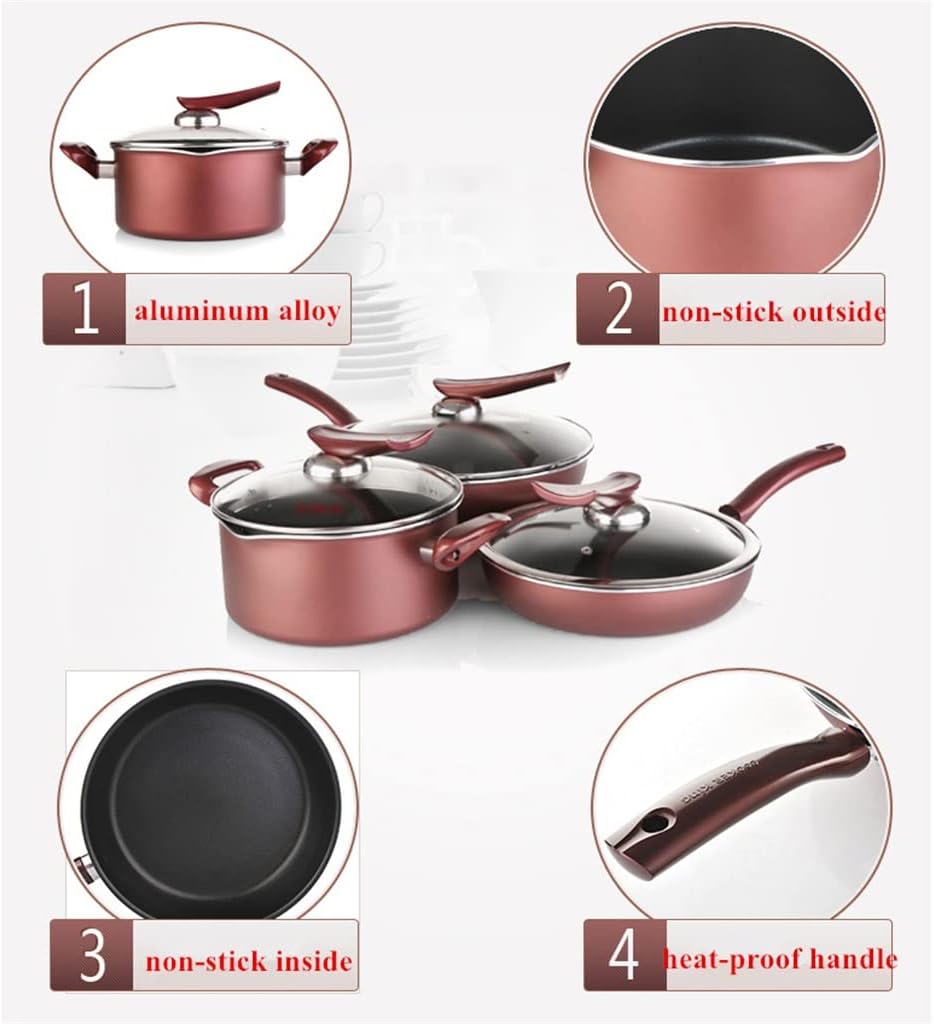 JSEIAJB 7 Piece Food Grade Aluminum Alloy Cookware Set Heat Resistant Stock Pot + Wok Frying Pan with Glass Lid Kitchen Cookware