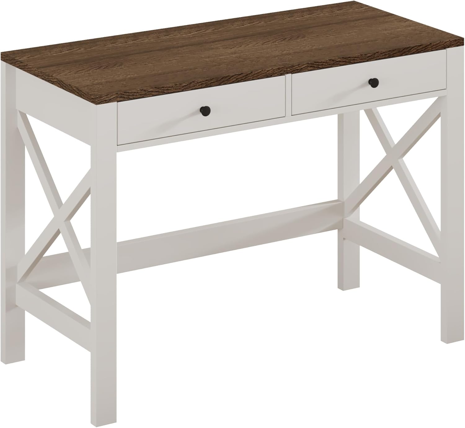 (Incomplete missing hardware)ChooChoo Farmhouse Desk 39\" Computer Desk with Drawers, Small Study Writing Table with Stable X Frame for Home Office Soft White