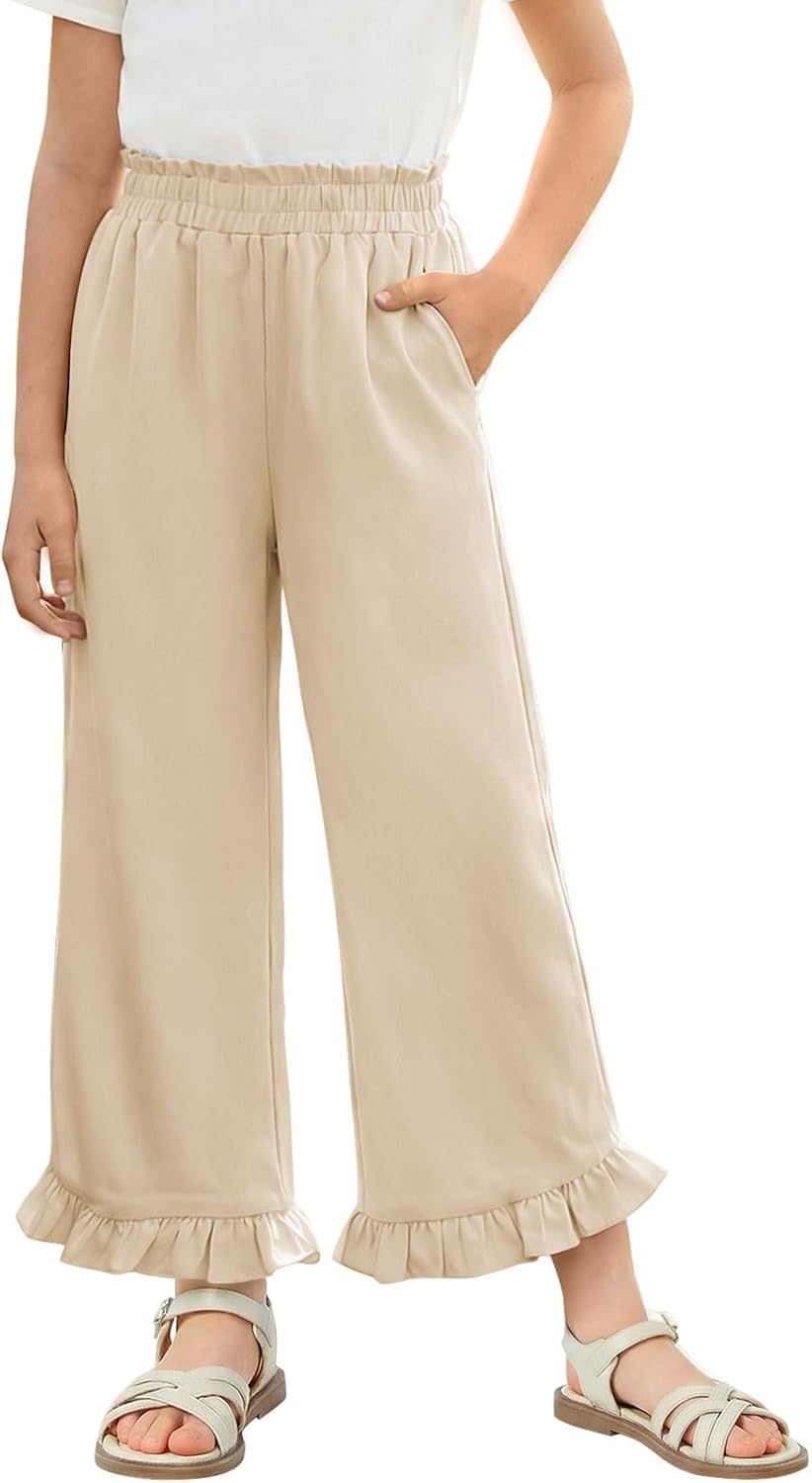 Haloumoning Girls Wide Leg Pants Kids Casual Paperbag High Waisted Ruffle Hem Pants Trousers with Pockets 5-14 Years