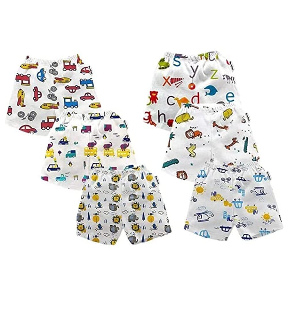 Tinchuk Unisex Cotton Boxer Regular Fit Printed Elastic Bermuda Track Shorts for Boys & Girls (White, 6-9 Months) Pack of 6