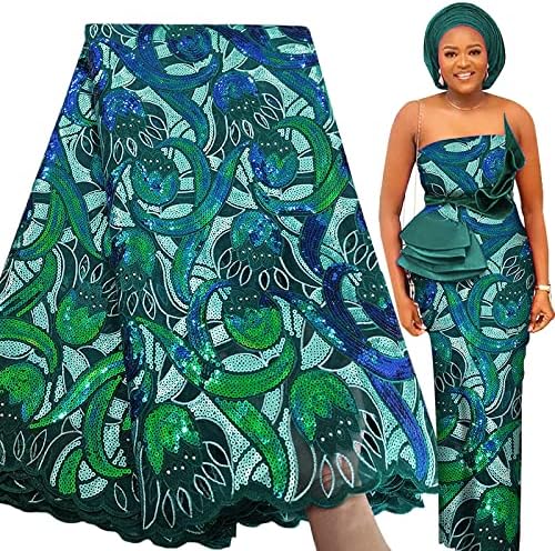 Besway African Lace Fabric 5 Yards Sequin Embroidery with Rhinest...