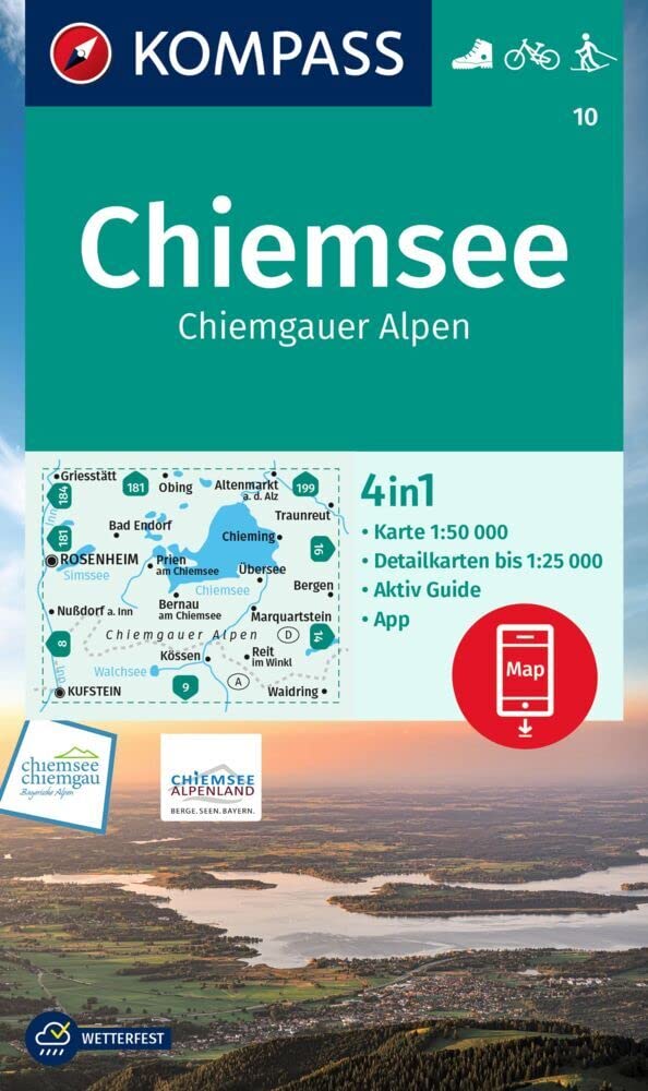 Chiemsee / Chiemgauer Alpen + Aktiv Guide (10): 4in1 Wanderkarte mit Aktiv Guide und Detailkarten inklusive Karte zur offline Verwendung in der ... Verwendung in der KOMPASS-App. Fahrradfahren
