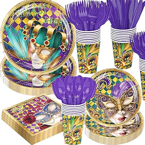 Mardi Gras Party Decorations,97Pcs Mardi Gras Party Supply Pack for 24 Guests!Masquerade Mask Paper Plates Napkins Cups and Tablecloth Set for New Orleans Mardigras Masquerade Party Cover