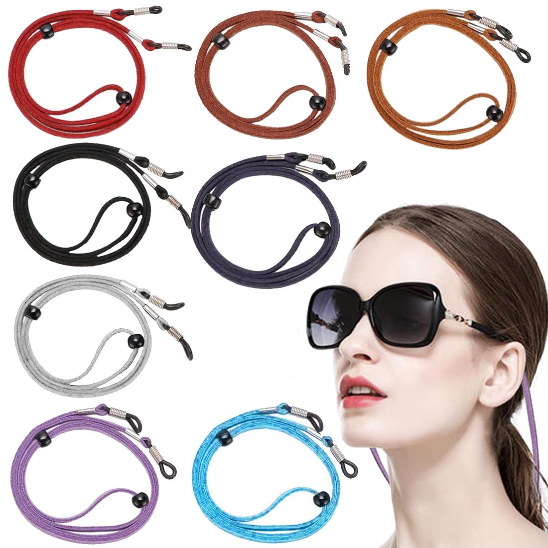 KANOSON Cordones para Gafas, 8 Piezas Ajustable Cuero Correa Gafas de Sol Antideslizante, Deporte Cordón Gafas/Gafas Sol Correa Planos/Cadena para Mascarillas Deportivas Hombre y Mujer Niños Adultos