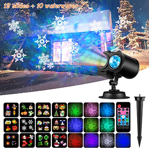 NEXGADGET Christmas Projector Light,2 in 1 Water Wave Light Projector with 12 Slides,Holiday