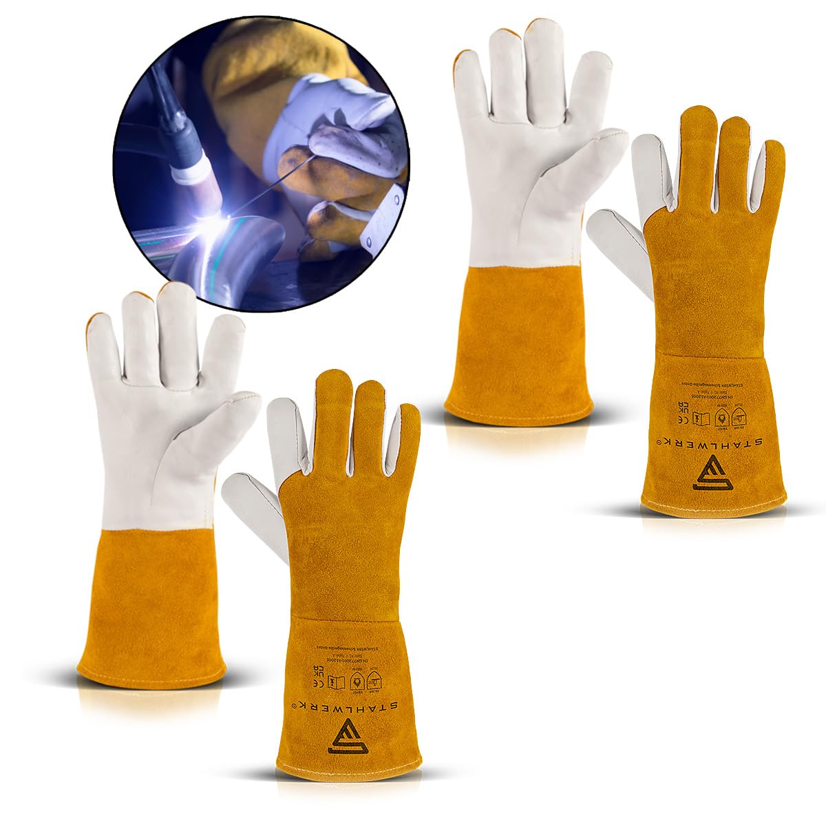 STAHLWERK Schweißerhandschuhe aus Rindspaltleder 2 Paar – Hitze- und feuerbeständige Schweißhandschuhe für WIG, MIG/MAG, MMA, Plasma mit Unterarmschutz, Nahtloser Daumen-Übergang, Einheitsgröße (34cm)