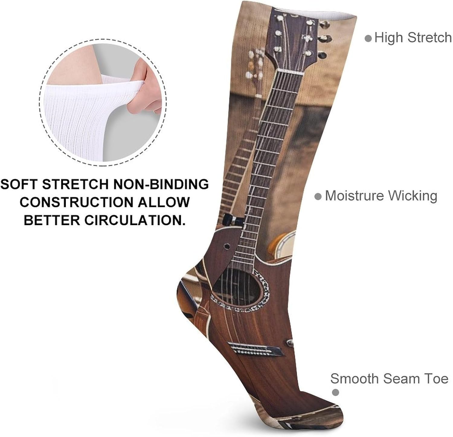 5-Pack Knee High Socks, 15.7 Inch Breathable Casual Socks Collection Guitar Stockings for Men Women