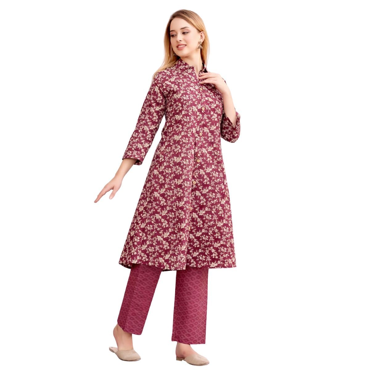 Women Kurti Pant Set Soft Cotton ALine Fit Floral Printed Three Quarter Sleeve Ethnic Set Comfortable Daily Use Traditional Outfit Design Structured Collection-image-1