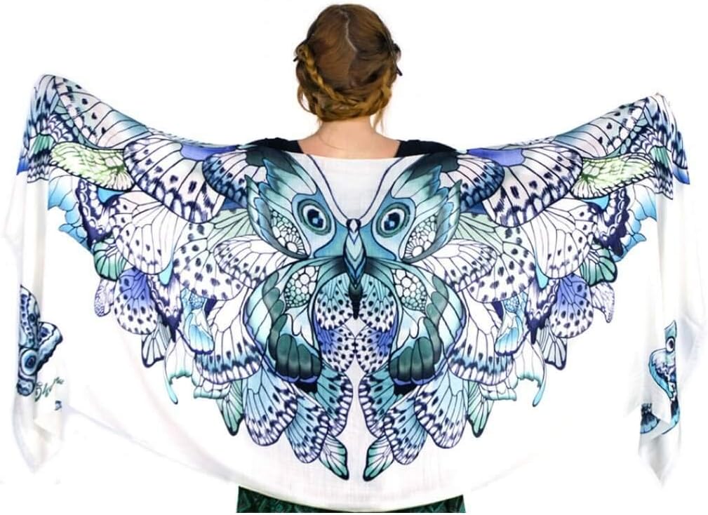 Designer Silk & Cashmere Scarf With Wide Spread Bird Feather Wings (Blue Butterfly)