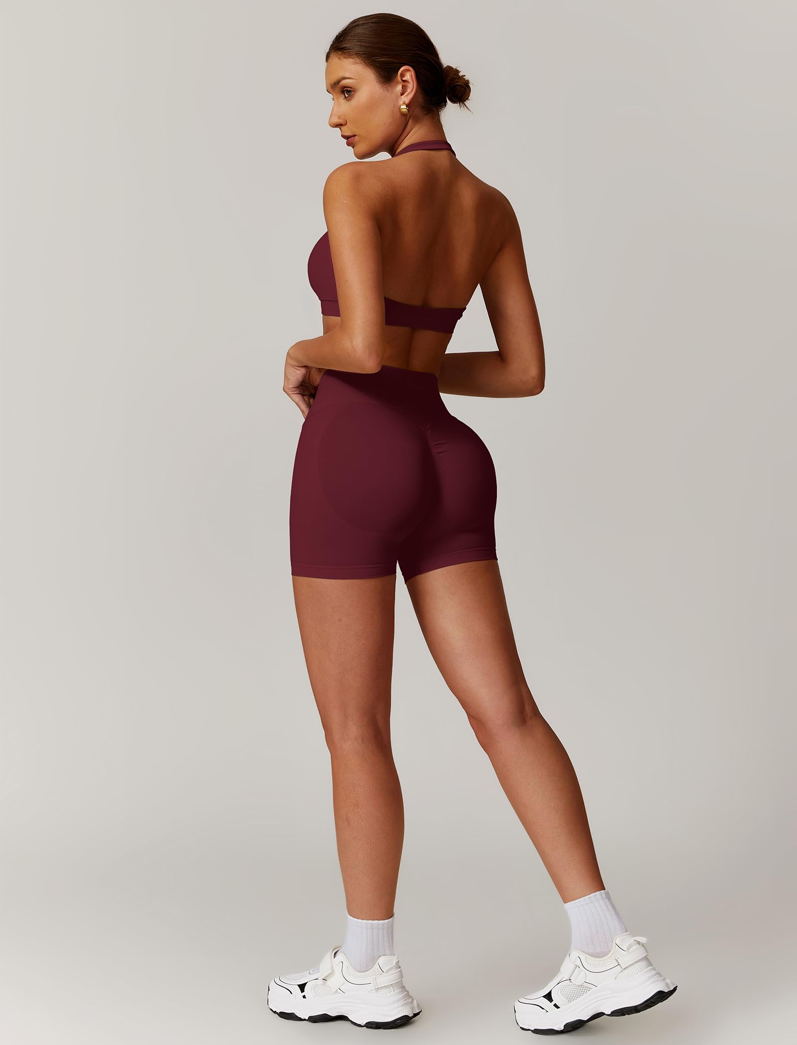 Odizli Damen Neckholder Sport BH + High Waist Shorts Zweiteiler Gym Workout Yoga Fitness Sportkleidung