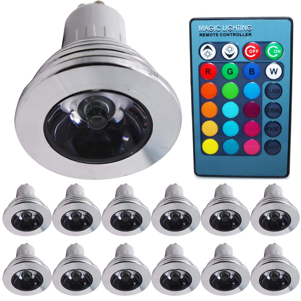 GU10, RGB LED 3 W, Muebles joyas joyas iluminación, multicolor 16 colores, cambio de color con 24 LLAVE DE MANDO A DISTANCIA Controll, AC 85 – 265 V; RGB Foco, 12 pieza