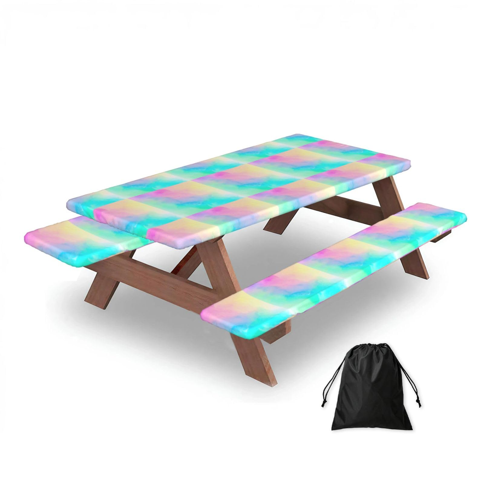 Dopklna As Picture Colorful Pastel Drawing Paper Rainbow, Picnic Table Cover With Bench Covers -Waterproof Elastic Fitted Tablecloth For Garden Camping Patio 76X152cm