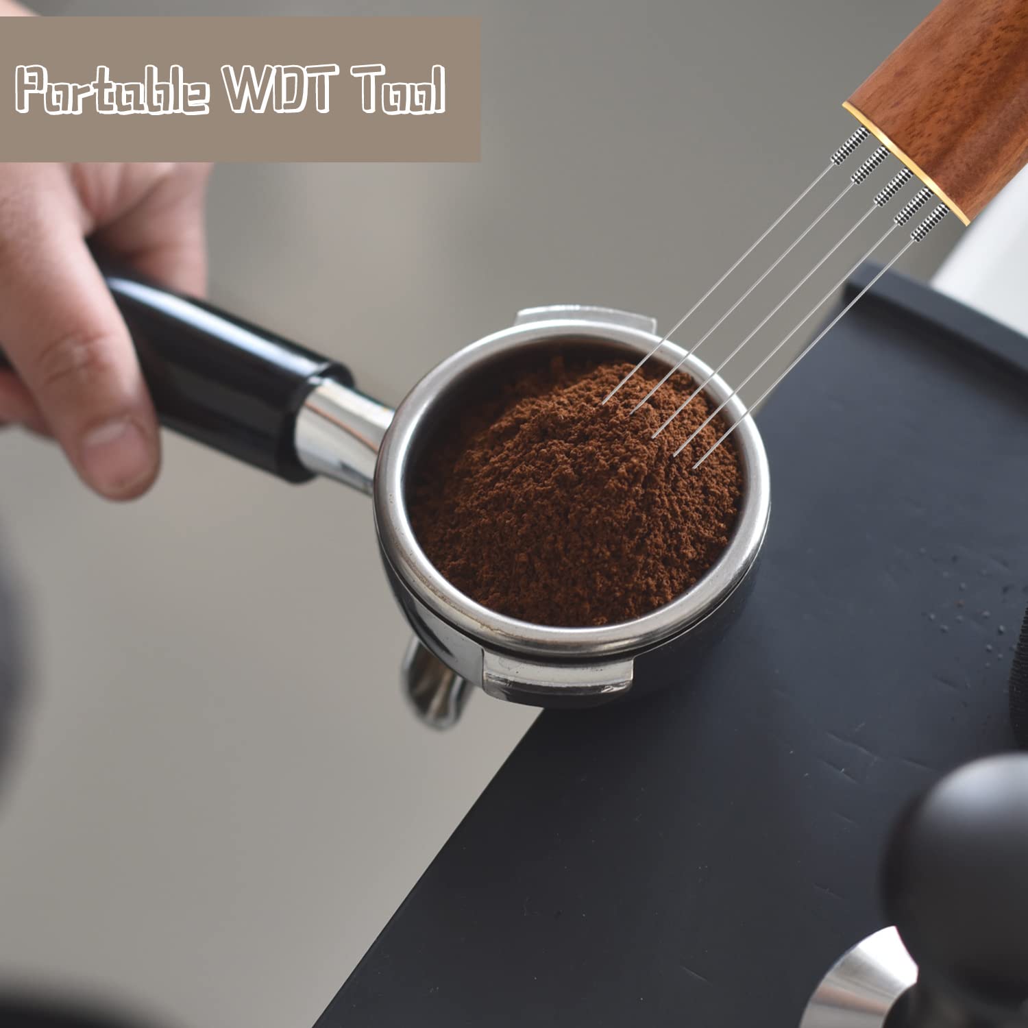 Zayin Espresso Coffee Stirrer, Distribution Tool, 5 Needles 0.4mm, Natural Wood Handle and Stand 1